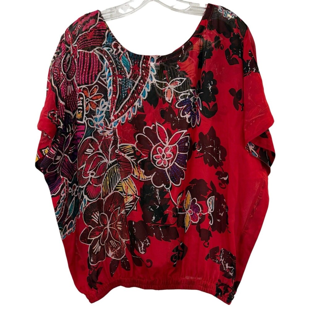 Chicos 100% Silk Beaded Floral Short Sleeve Sheer Top w Elastic Waist Size S/M